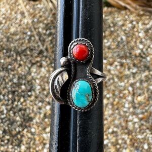 Native American Sterling Silver Ring with Turquoise and Coral